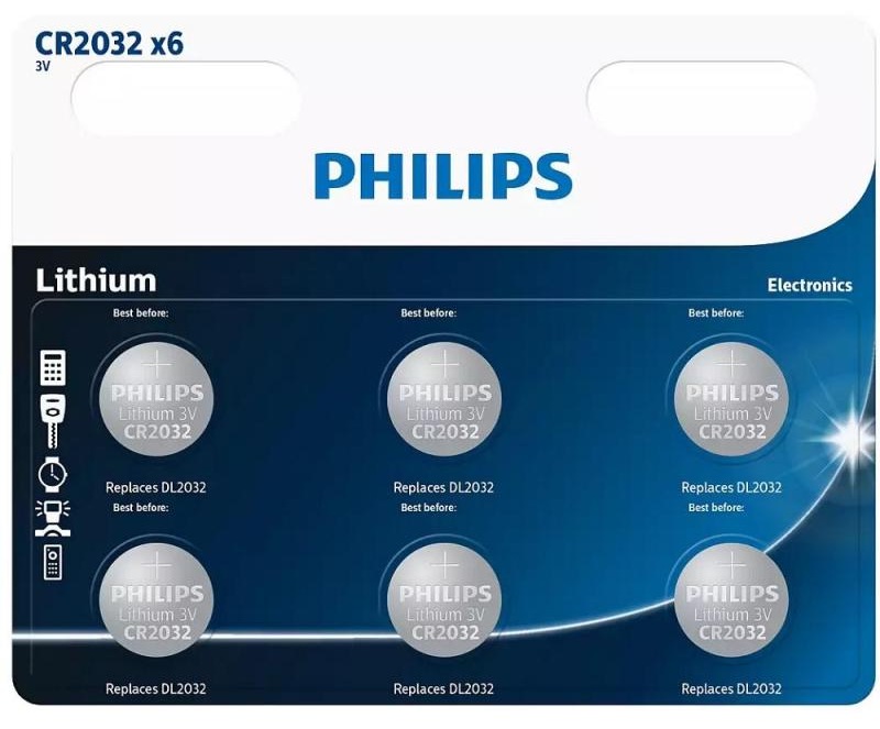 Philips CR2032 Lithium Button Battery 6-Pack